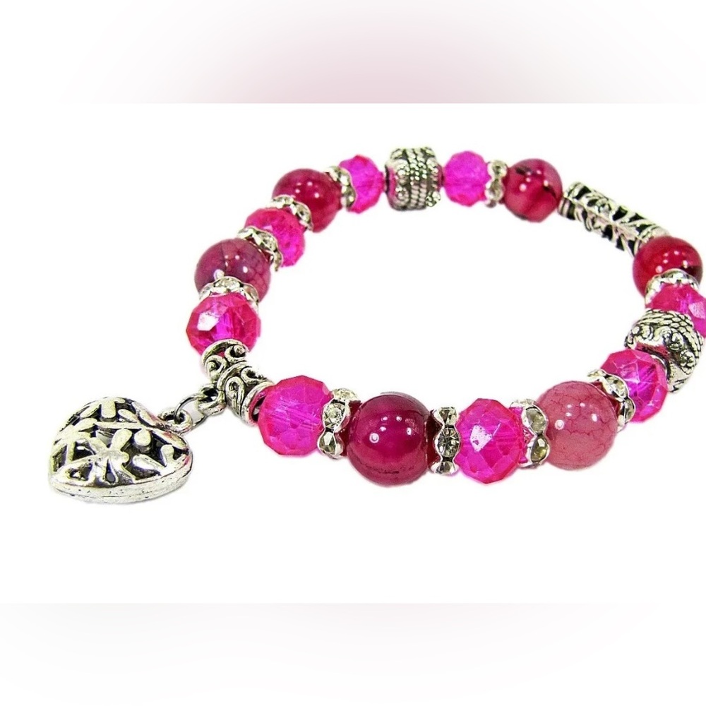 Heart Charm Stretch Bracelet with Pink Glass Beads and Crystal Beads - NEW